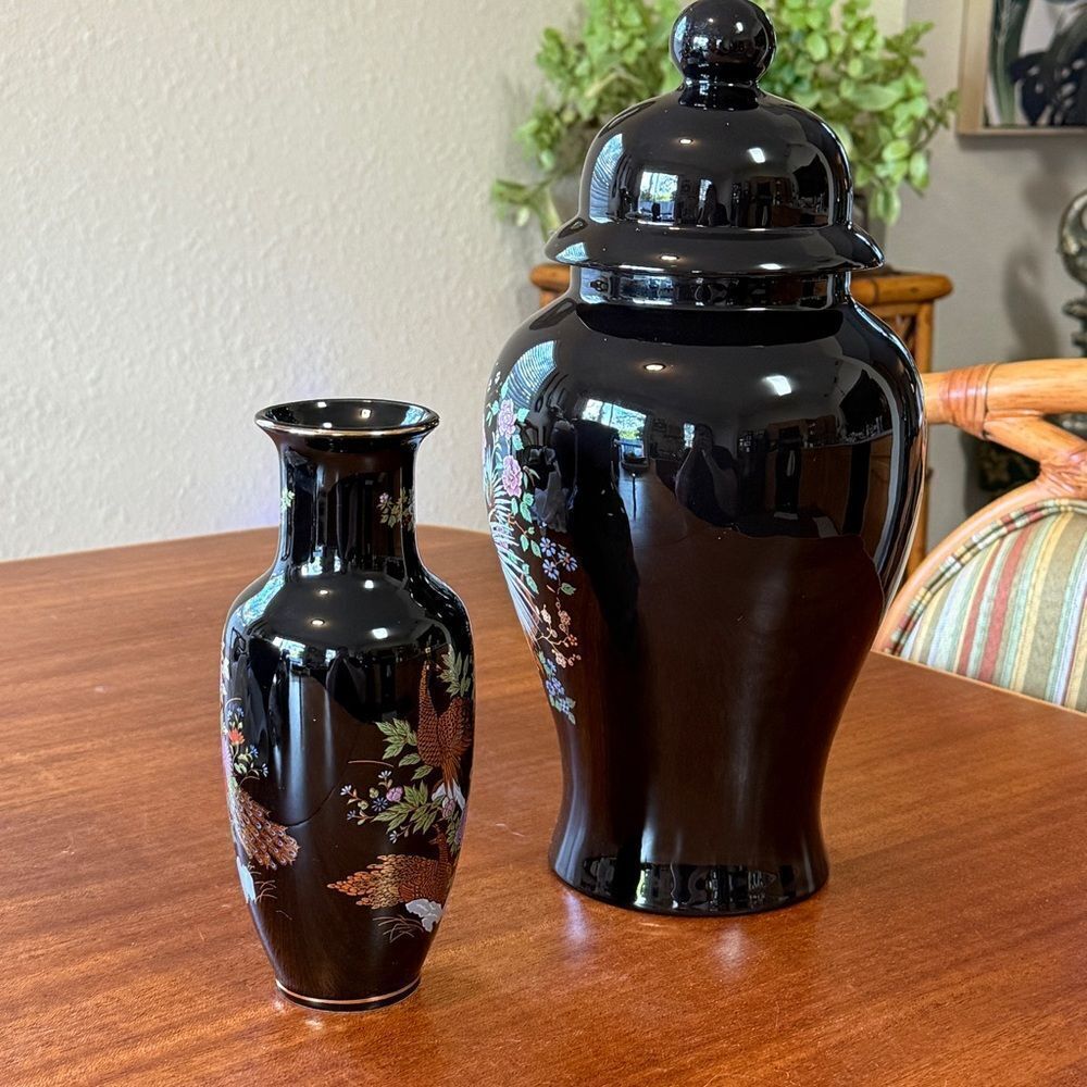 Vintage Ceramic Peacock Imperial Kutani 8” Japanese Vase and 15” Ceramic Pottery - Picture 8 of 16